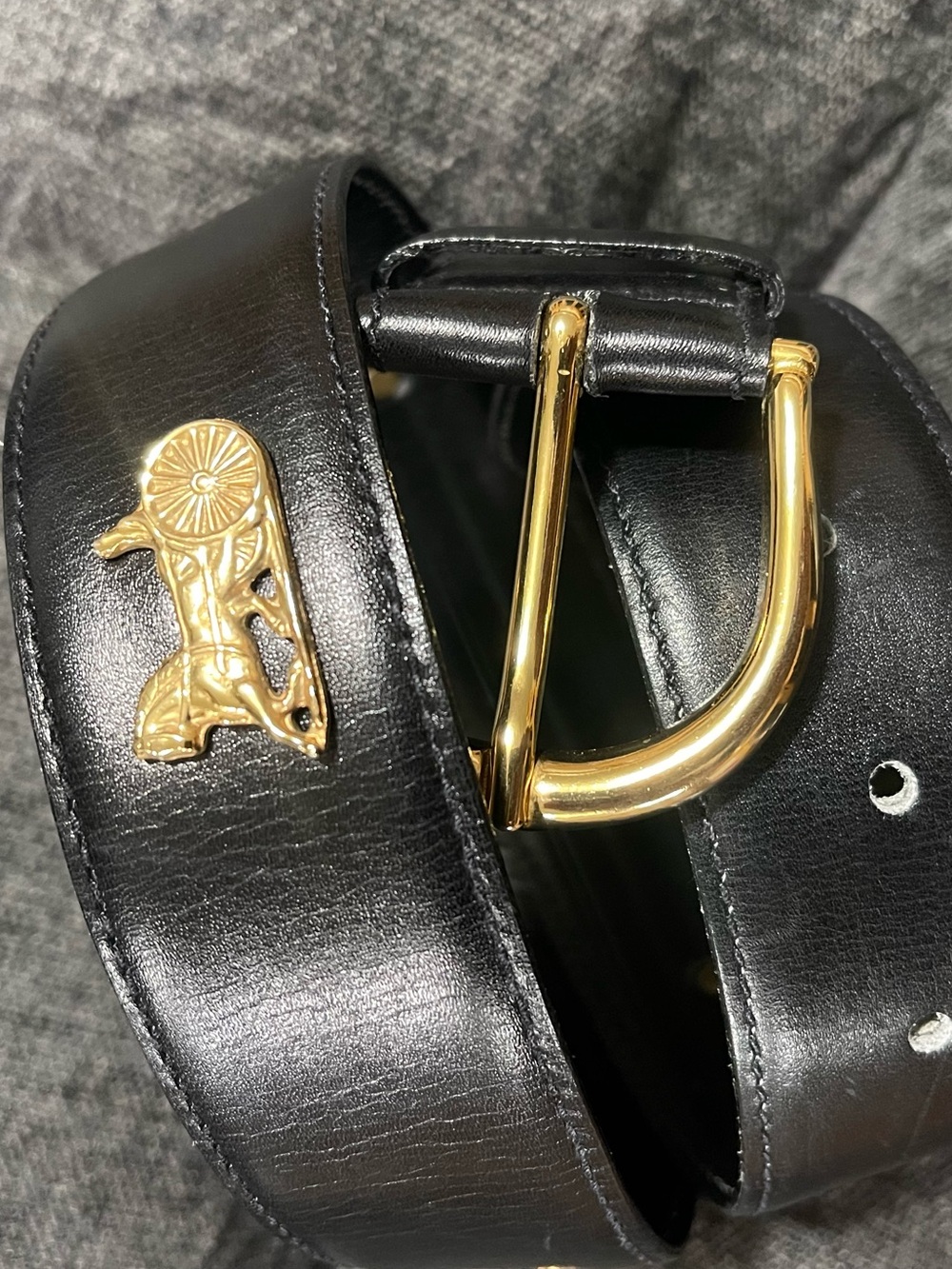 Celine Black Leather Belt with Gold Buckle and Emblem